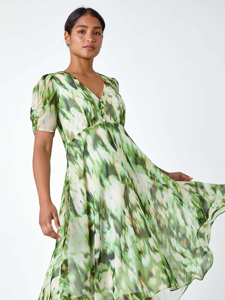 Roman Green Abstract Print Hanky Hem Chiffon Dress - Image 1 of 5