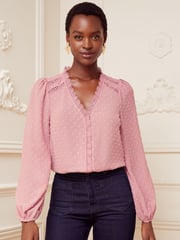 Love & Roses Pink V Neck Lace Trim Dobby Blouse - Image 1 of 4