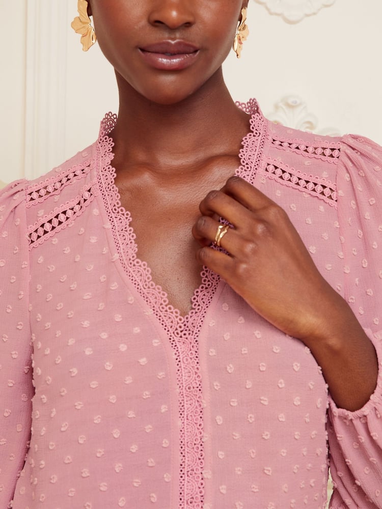 Love & Roses Pink V Neck Lace Trim Dobby Blouse - Image 2 of 4