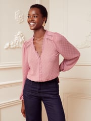 Love & Roses Pink V Neck Lace Trim Dobby Blouse - Image 4 of 4