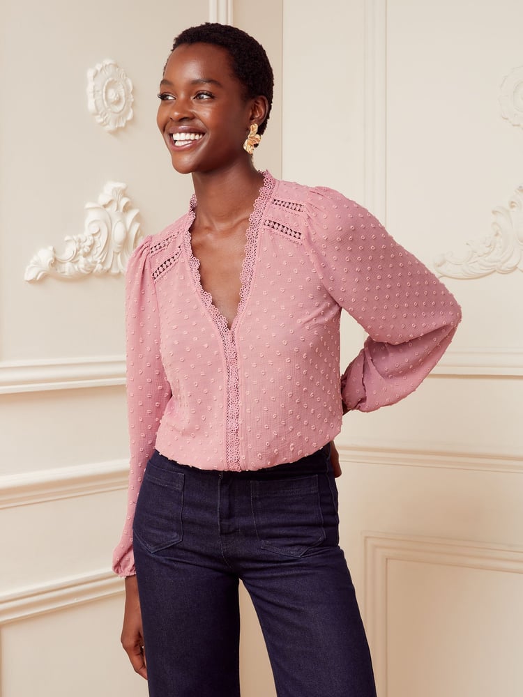 Love & Roses Pink V Neck Lace Trim Dobby Blouse - Image 4 of 4