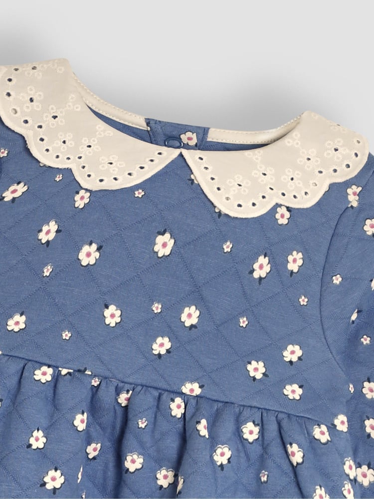 JoJo Maman Bébé Blue Daisy Floral Broderie Collar Quilted Dress - Image 3 of 3