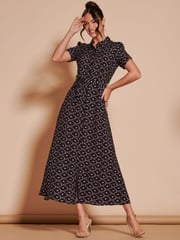 Jolie Moi Black Print Sadie Cotton Blend Shirt Midi Dress - Image 1 of 6
