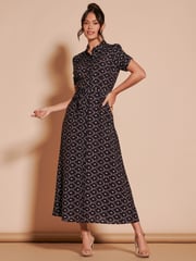 Jolie Moi Black Print Sadie Cotton Blend Shirt Midi Dress - Image 4 of 6