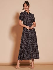 Jolie Moi Black Print Sadie Cotton Blend Shirt Midi Dress - Image 5 of 6
