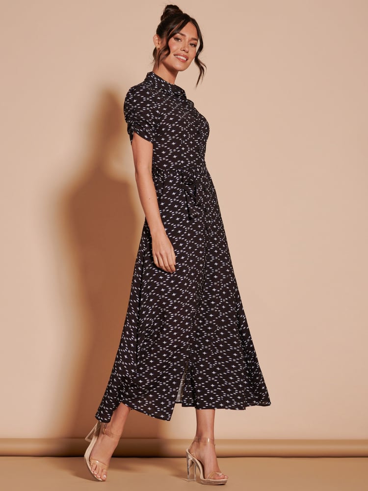 Jolie Moi Black Print Sadie Cotton Blend Shirt Midi Dress - Image 6 of 6