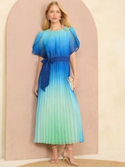 Love & Roses Blue Ombre Petal Sleeve Pleated Belted Midi Dress - Image 1 of 4