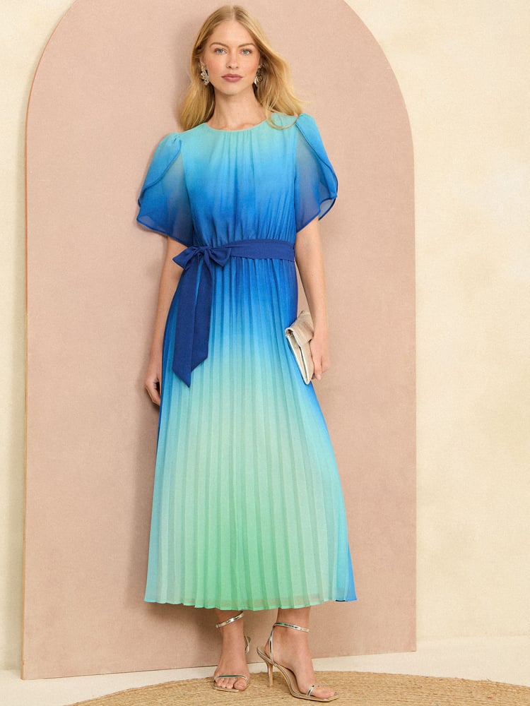 Love & Roses Blue Ombre Petal Sleeve Pleated Belted Midi Dress - Image 1 of 4 Love & Roses Blue Ombre Petal Sleeve Pleated Belted Midi Dress - Image 1 of 4