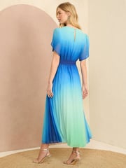 Love & Roses Blue Ombre Petal Sleeve Pleated Belted Midi Dress - Image 2 of 4