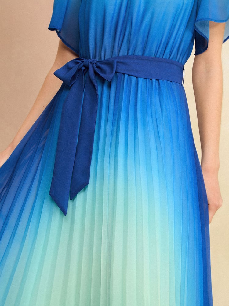 Love & Roses Blue Ombre Petal Sleeve Pleated Belted Midi Dress - Image 4 of 4 Love & Roses Blue Ombre Petal Sleeve Pleated Belted Midi Dress - Image 4 of 4