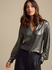 Gold Long Sleeve Shimmer V-Neck Blouse - Image 1 of 6