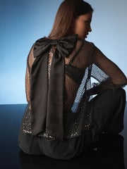 Black Sequin Mesh Bow Back Blouse - Image 3 of 8