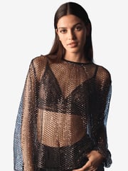 Black Sequin Mesh Bow Back Blouse - Image 4 of 8