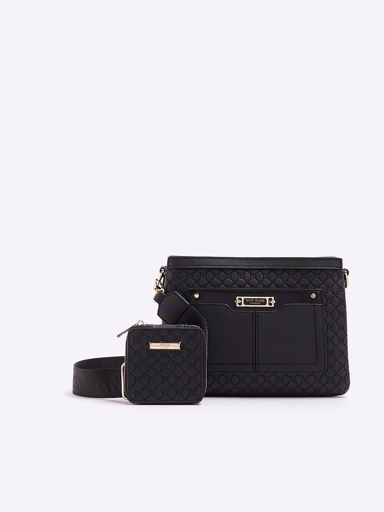 River Island Black Monogram Tri Comp Cross-Body Bag - Image 1 of 4 River Island Black Monogram Tri Comp Cross-Body Bag - Image 1 of 4