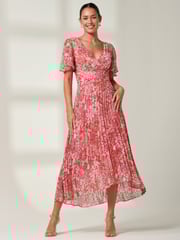 Jolie Moi Pink Floral Olenna Angel Sleeve Pleated Chiffon Maxi Dress - Image 1 of 6