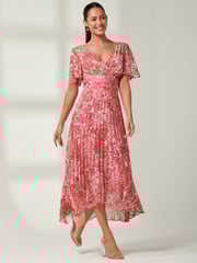 Jolie Moi Pink Floral Olenna Angel Sleeve Pleated Chiffon Maxi Dress - Image 4 of 6