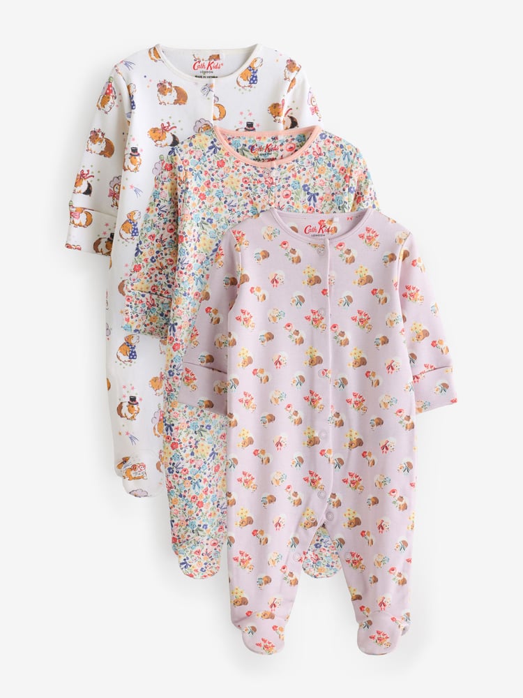 Lilac Purple Cath Kidston Floral Baby 100% Cotton Sleepsuits 3 Pack - Image 1 of 6