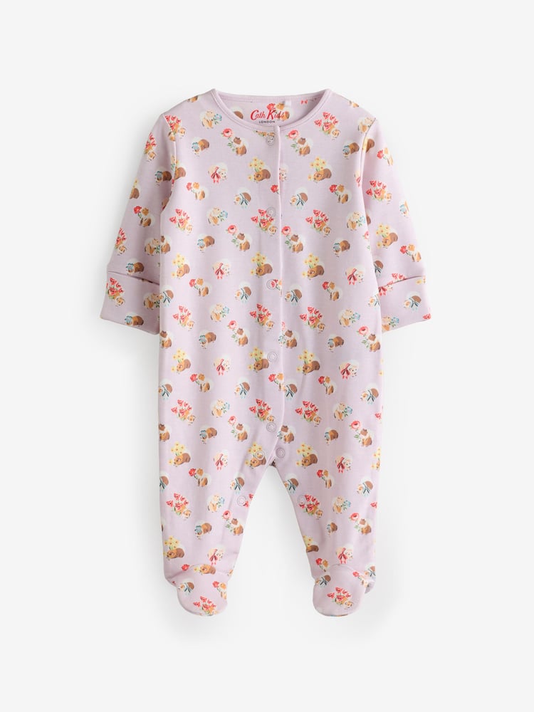 Lilac Purple Cath Kidston Floral Baby 100% Cotton Sleepsuits 3 Pack - Image 2 of 6