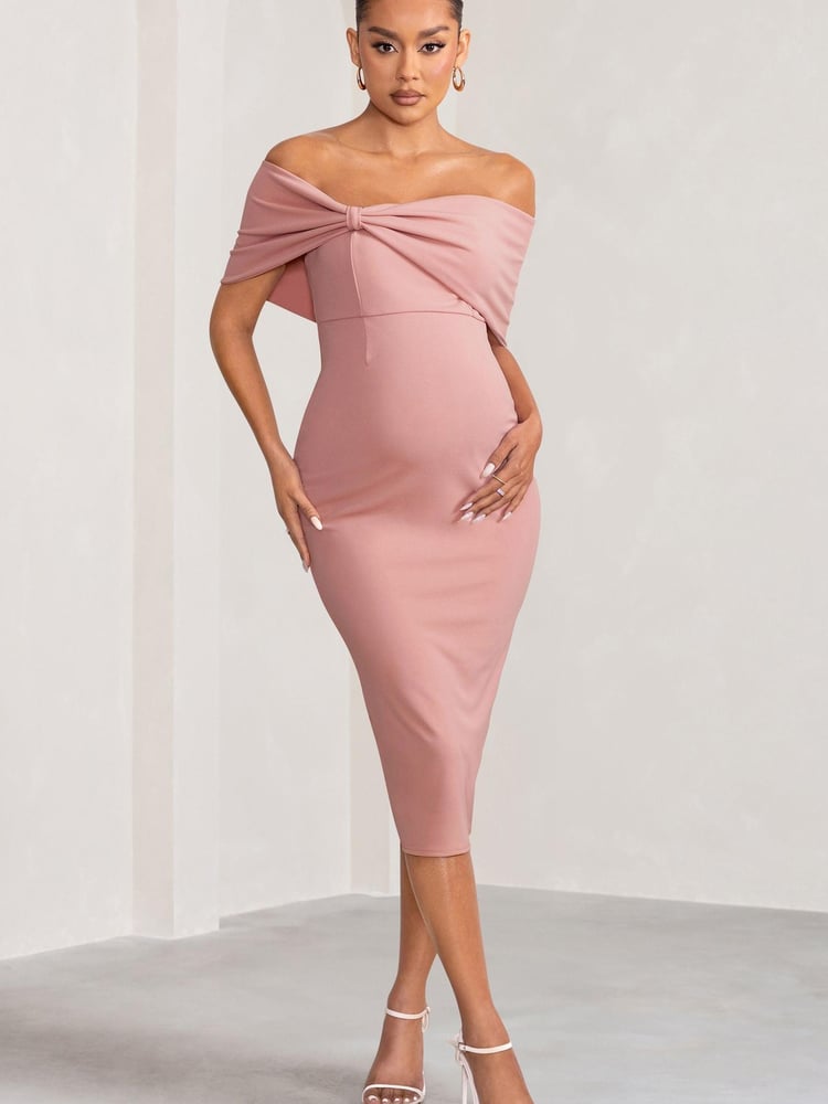 Club L London Pink Maternity Alyssa Bardot Bow Midi Dress with Ruching - Image 1 of 5