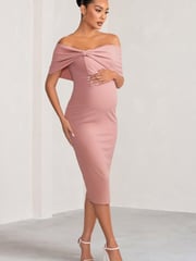 Club L London Pink Maternity Alyssa Bardot Bow Midi Dress with Ruching - Image 2 of 5