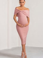 Club L London Pink Maternity Alyssa Bardot Bow Midi Dress with Ruching - Image 3 of 5