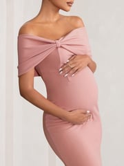 Club L London Pink Maternity Alyssa Bardot Bow Midi Dress with Ruching - Image 4 of 5