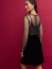 Black Long Sleeve Mesh Fishnet Sequin and Velvet Mini Dress - Image 2 of 7