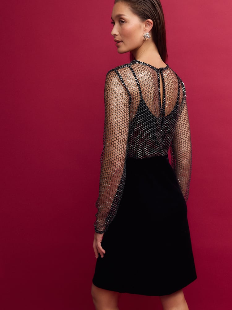 Black Long Sleeve Mesh Fishnet Sequin and Velvet Mini Dress - Image 2 of 7
