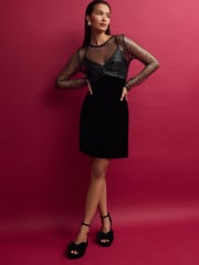 Black Long Sleeve Mesh Fishnet Sequin and Velvet Mini Dress - Image 3 of 7