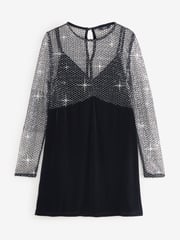 Black Long Sleeve Mesh Fishnet Sequin and Velvet Mini Dress - Image 5 of 7