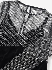 Black Long Sleeve Mesh Fishnet Sequin and Velvet Mini Dress - Image 6 of 7