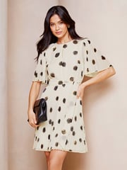 Lipsy White Polka Dot Petite Short Flutter Sleeve Pleated Mini Dress - Image 1 of 4
