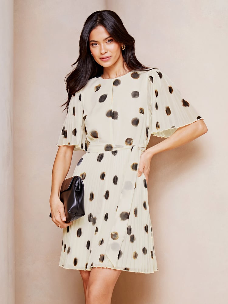 Lipsy White Polka Dot Petite Short Flutter Sleeve Pleated Mini Dress - Image 1 of 4