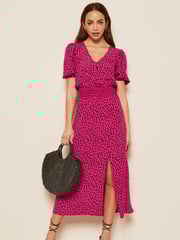 Friends Like These Pink Puff Sleeve Ruched Waist V Neck Midi Dress - Image 1 of 4