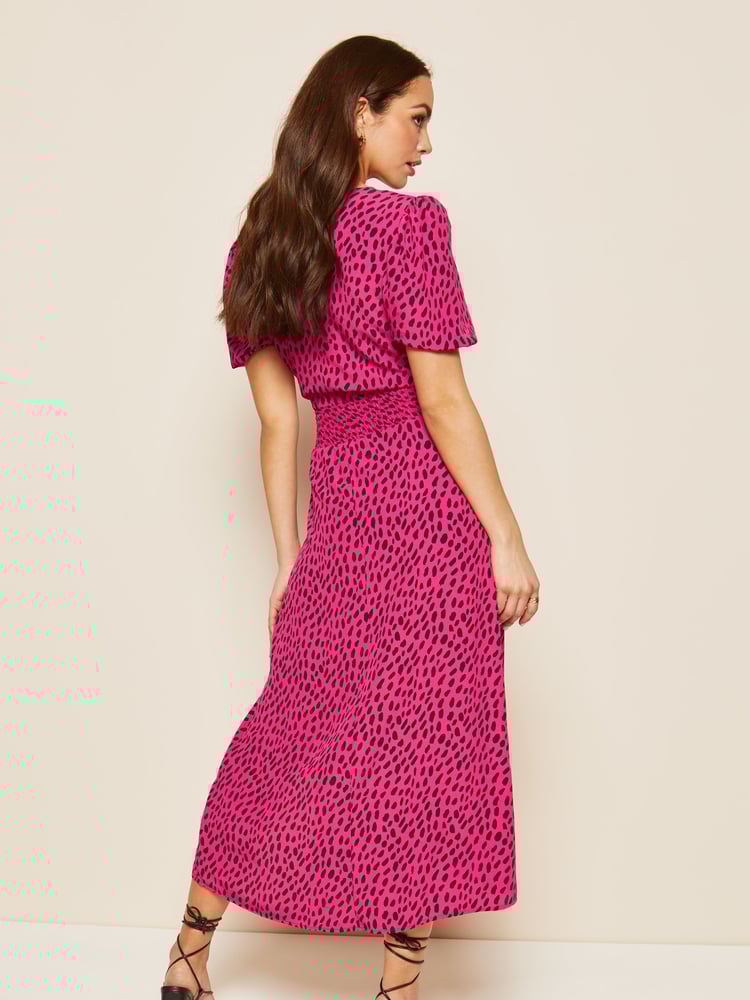 Friends Like These Pink Puff Sleeve Ruched Waist V Neck Midi Dress - Image 2 of 4