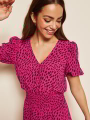 Friends Like These Pink Puff Sleeve Ruched Waist V Neck Midi Dress - Image 4 of 4