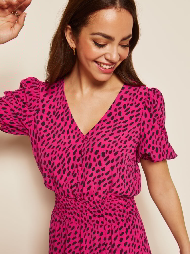 Friends Like These Pink Puff Sleeve Ruched Waist V Neck Midi Dress - Image 4 of 4