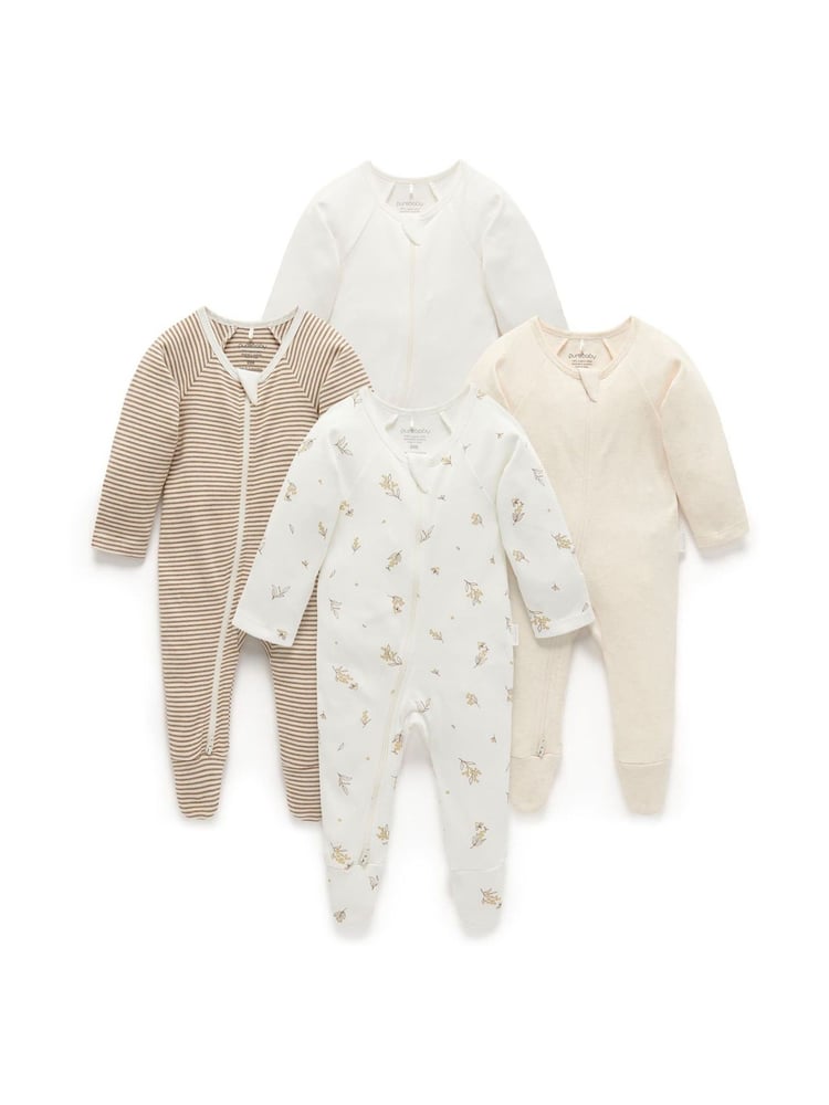 Purebaby Natural Zip 100% Cotton Sleepsuit 4 Pack - Image 2 of 5