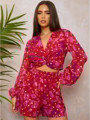 Chi Chi London Red Twist Front Abstract Foil Spot Print Shirt - Image 1 of 4