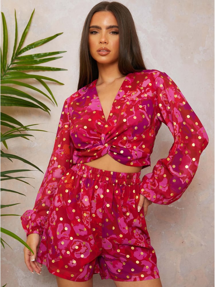 Chi Chi London Red Twist Front Abstract Foil Spot Print Shirt - Image 1 of 4