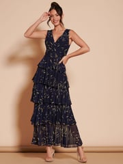 Jolie Moi Blue Tiered Hem Mesh Maxi Dress - Image 1 of 6