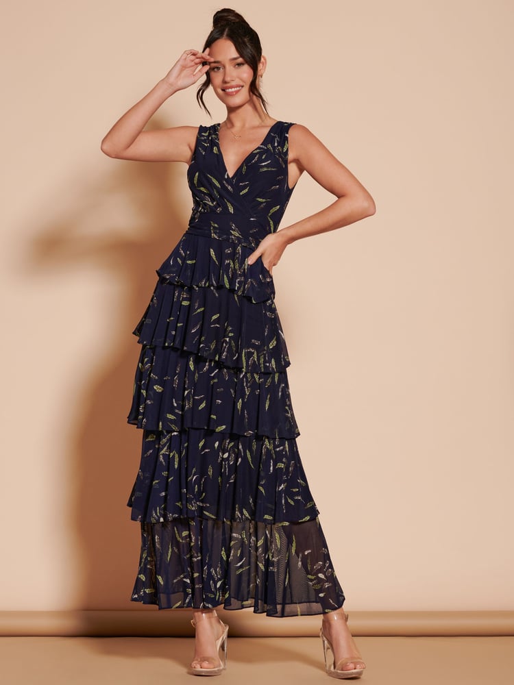 Jolie Moi Blue Tiered Hem Mesh Maxi Dress - Image 1 of 6