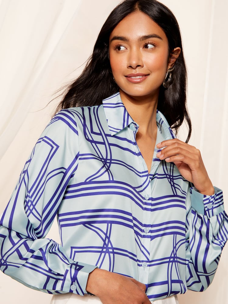 Friends Like These Blue Geo Print Satin Button Through Shirt - Image 1 of 4 Friends Like These Blue Geo Print Satin Button Through Shirt - Image 1 of 4