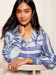 Friends Like These Blue Geo Print Satin Button Through Shirt - Image 3 of 4