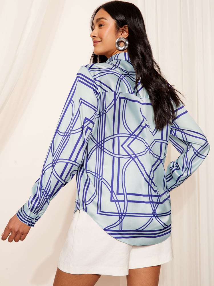 Friends Like These Blue Geo Print Satin Button Through Shirt - Image 4 of 4 Friends Like These Blue Geo Print Satin Button Through Shirt - Image 4 of 4