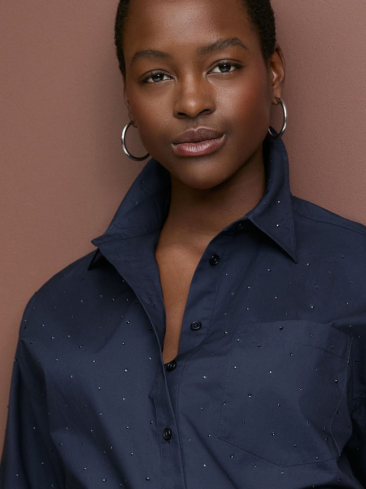 Navy Embellished Gem Oversized 100% Cotton Shirt - Image 1 of 7
