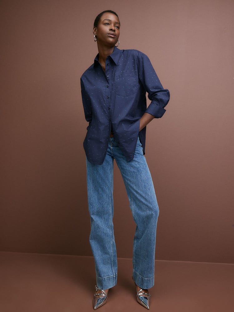 Navy Embellished Gem Oversized 100% Cotton Shirt - Image 2 of 7