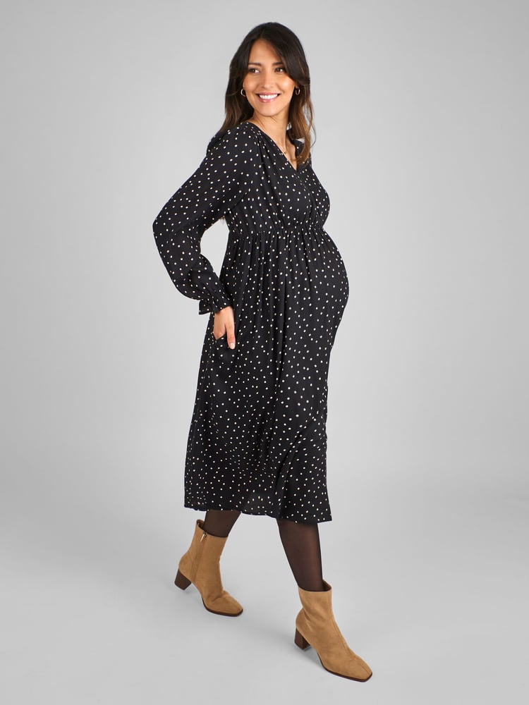 JoJo Maman Bébé Black Polka Dot V-Neck Maternity Midi Dress - Image 1 of 4