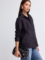 Black Gem Embellished Oversized 100% Cotton Shirt - Image 1 of 7
