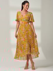 Jolie Moi Yellow Olenna Angel Sleeve Pleated Chiffon Maxi Dress - Image 1 of 6